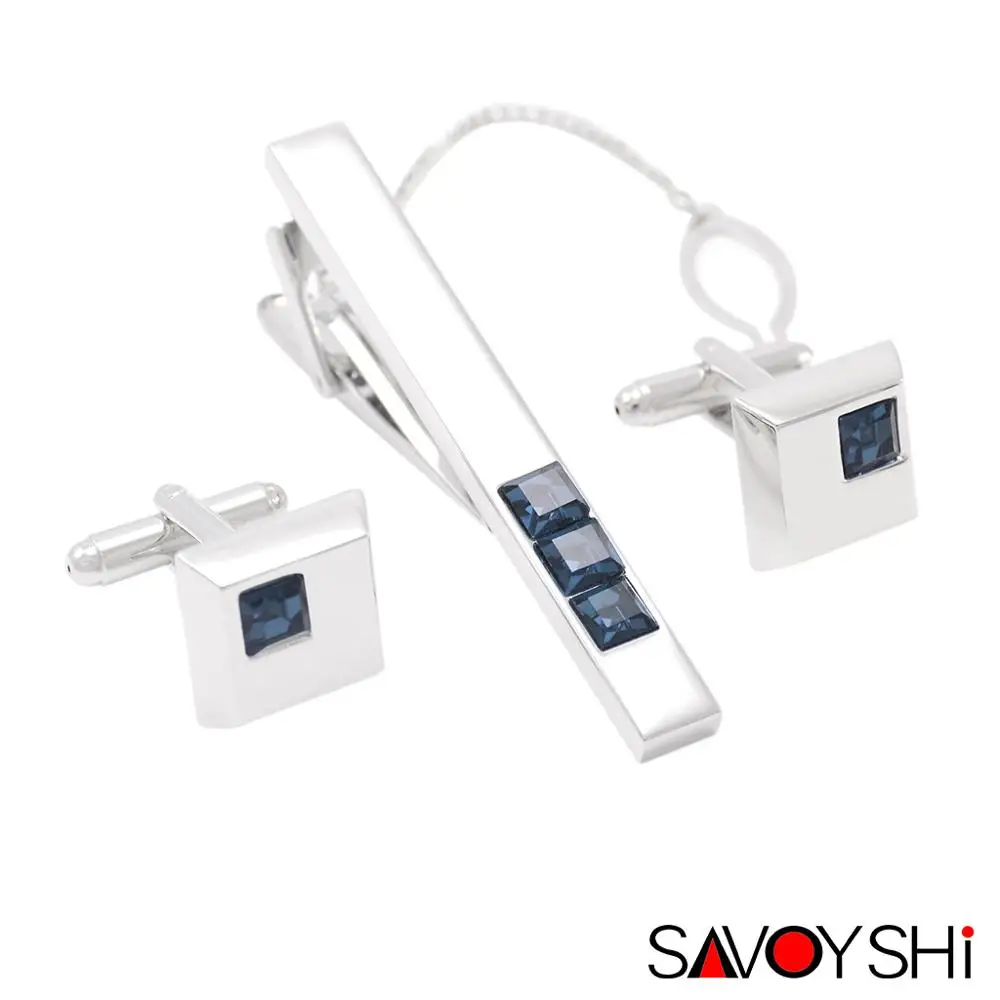 

SAVOYSHI Cuff links necktie clip for tie High Quality tie pin for men Blue Crystal tie bars cufflinks tie clip set Free Shipping