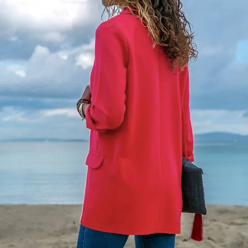 Fashion Women Long Sleeve Cardigan Blazers Sping Autumn Outwear 2019 New Ladies Solid Color Open Front Slim Fit Lapels Coats