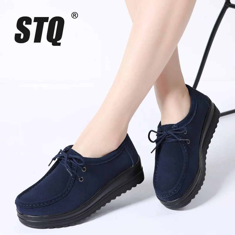 

STQ 2019 Autumn women flats thick soled leather suede platform sneakers shoes ladies casual shoes lace up flats creepers 890