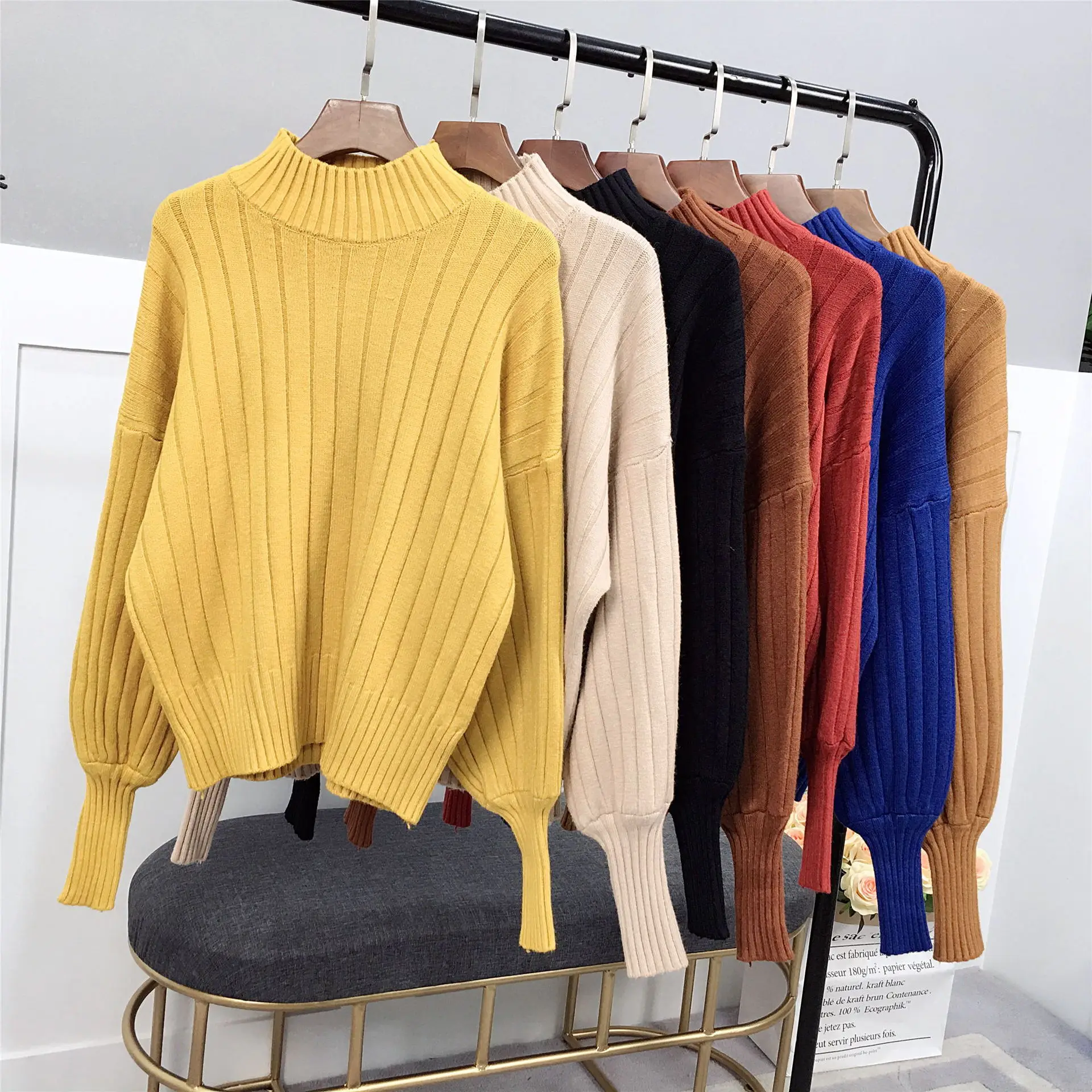 

Lantern sleeves lazy wind half-high collar sweater autumn 2019 new sets of loose tide winter knit bottoming shirt women