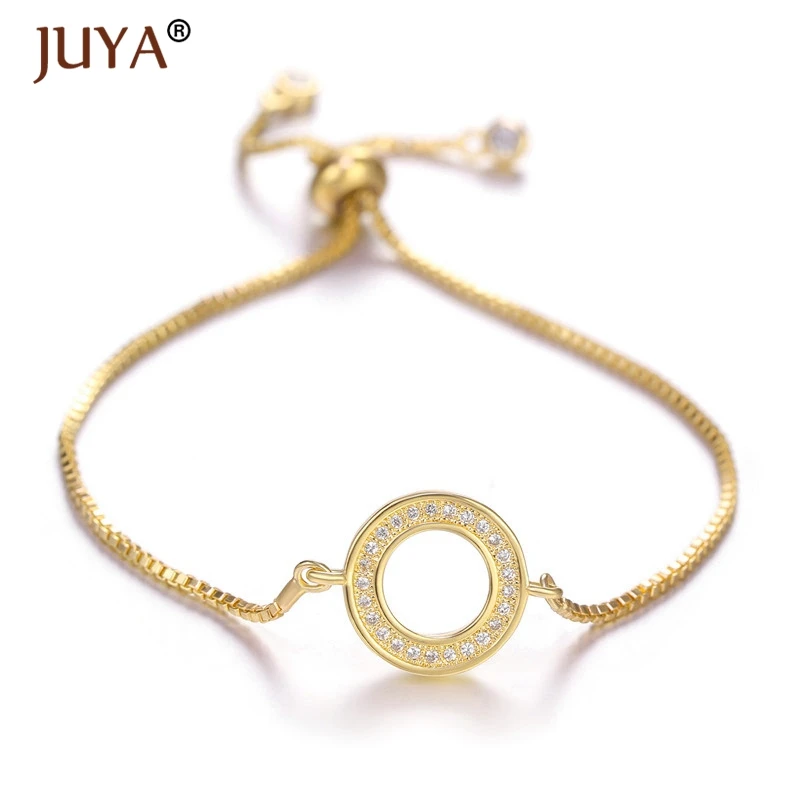 

Juya Trendy Simple Adjustable Chain Handmade Bracelet Jewelry Copper Zircon Rhinestone Round Bracelets Bangles For Women Gift