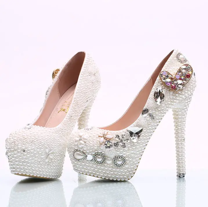 

Crystal shoes woman white pearls handmade luxury plus size super high heels brides bridal ladies party dancing dress shoe HS092