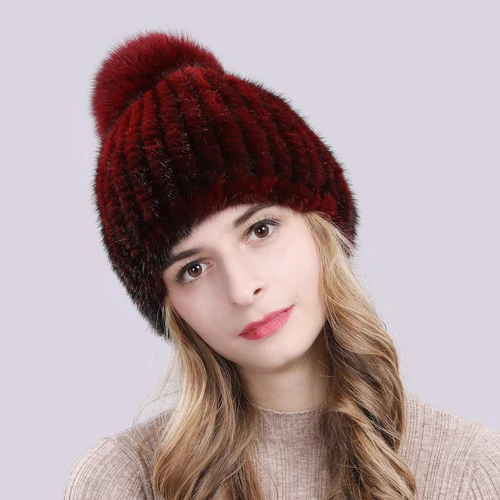 Lovely Real Mink Fur Hat Women Winter Knitted Real Mink Fur Beanies Hats With Fox Fur Pom Poms New Thick Real Mink Fur Cap - Color: wine