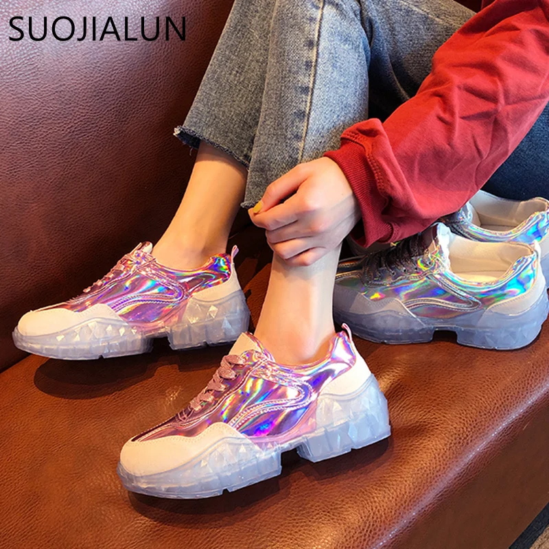 

SUOJIALUN Brand 2019 Spring Women New Sneakers Fashion Bling Laser Fabric Wedges Chunky Sneakers Lady Flats Female Flat