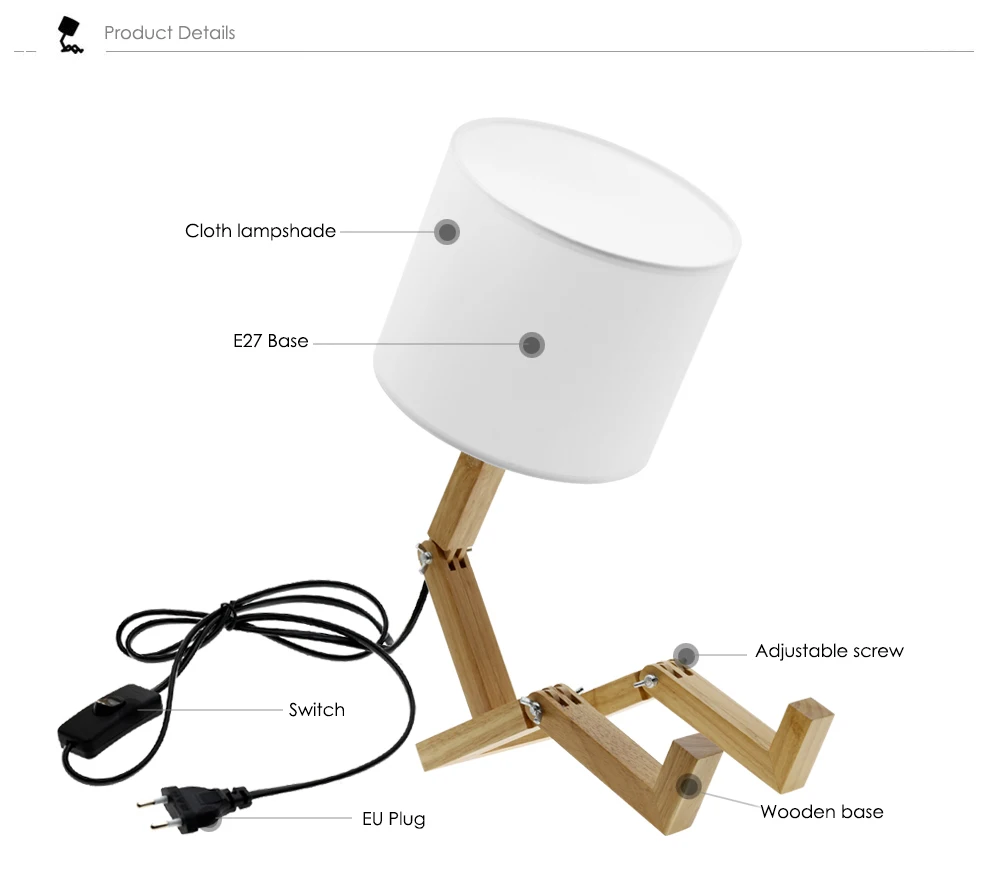 Деревянная настольная лампа в форме робота E27, держатель лампы, 110-240 В, современный тканевый Художественный Деревянный стол, настольная лампа для гостиной, для помещений, для учебы, ночной Светильник