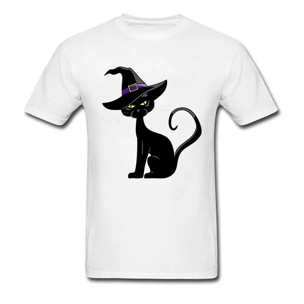 Tops & Tees Cat in Witch Hat Lovers Day Short Sleeve Pure Cotton Round Collar Men Tshirts Simple Style T Shirt New Design Cat in Witch Hat white