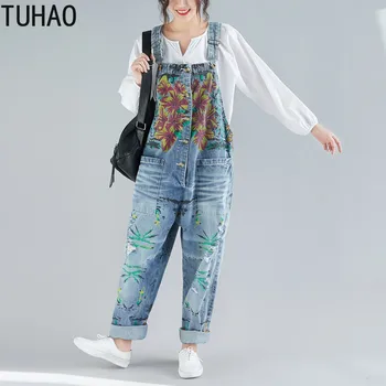 

TUHAO Spring Summer Prairie Chic Print Jeans Wide Leg Jumpsuit Retro Adjustable Strap Loose Denim Overalls for Women Jeans LLJ