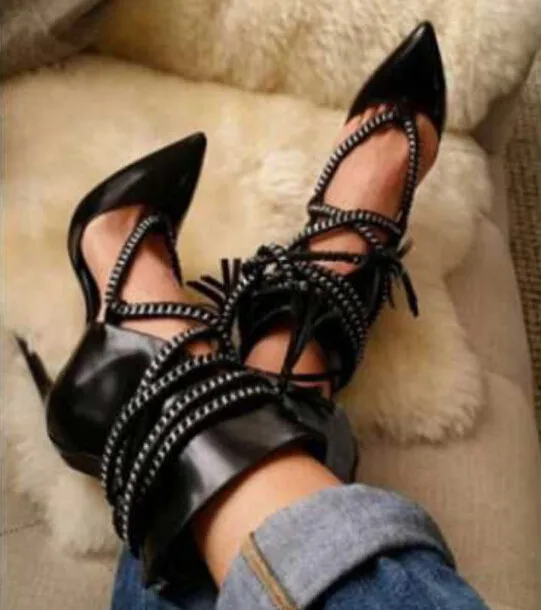 Newest Fashion Women shoes Hot Sale Top Quality Cheap Price Pointed Toe Real Photo Black Leather Ankle Cut-outs High Heel Zipper