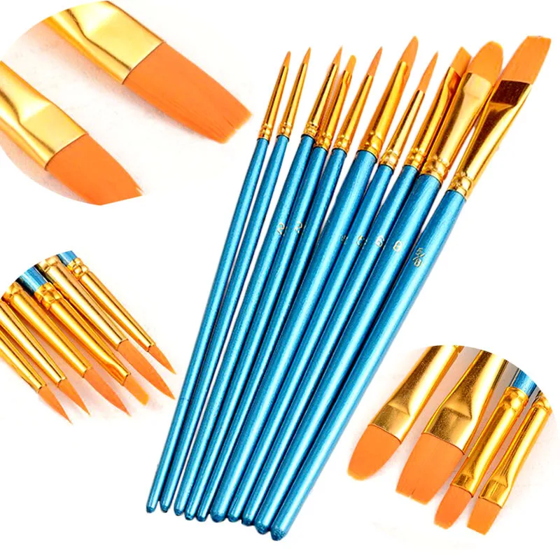 Goede 10 STKS Verschillende Grootte Kunstenaar Nylon Haar Houten Handvat Aquarel Acryl Kwast Set Schilderij Borstel Set Art Supplies