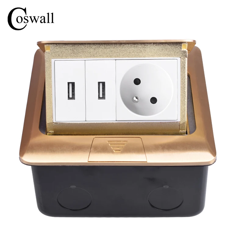 

Coswall Pure Copper Gold Panel Pop Up Floor Socket 16A French Standard Power Outlet With Dual USB Charge Port Metal Mounting Box