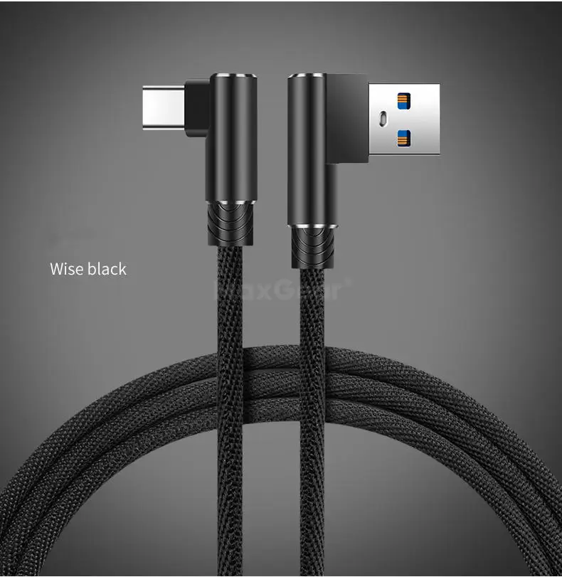 MaxGear type-C 90 градусов 1 м 2 м 3 м Быстрая зарядка USB кабель l-образный шнур для передачи данных зарядное устройство для samsung S9 Plus Xiaomi huawei P10 P9 - Цвет: Black