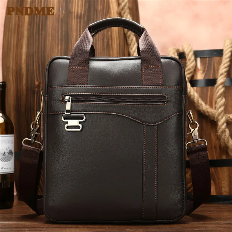 

PNDME business casual genuine leather shoulder bag retro first layer cowhide dropshipping cube messenger bags pochette handbag