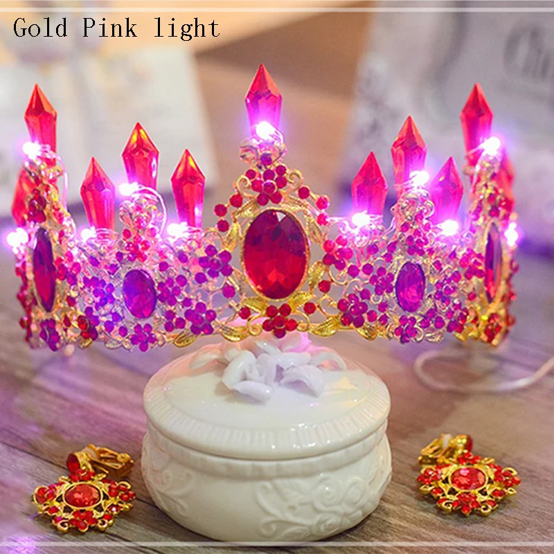 

Luxurious Glowing Tiaras For Women Wedding Light Rhinestone Crowns Princess Diadem and Earrings Bridal Hair Accessories HG107