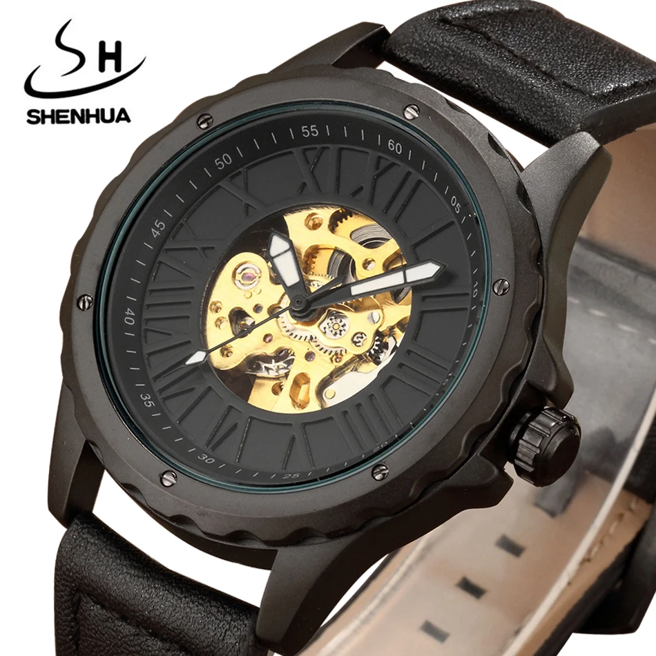 SHENHUA автоматические механические часы для мужчин Подарочная коробка Роскошный бренд кожаный ремешок стимпанк Скелет мужские s часы Relogio