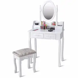 Женский белый комод, деревянный макияж, туалетный столик, табурет, набор, ящик для ювелирных украшений с 4 ящиками и зеркалом, мебель для