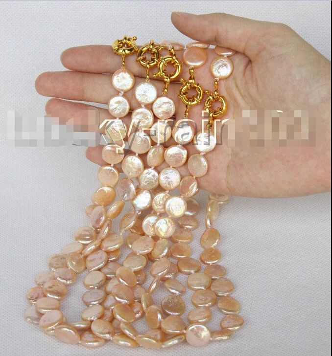 

5pcs 16" 12mm natural coin fastener pink pearls necklace E8768
