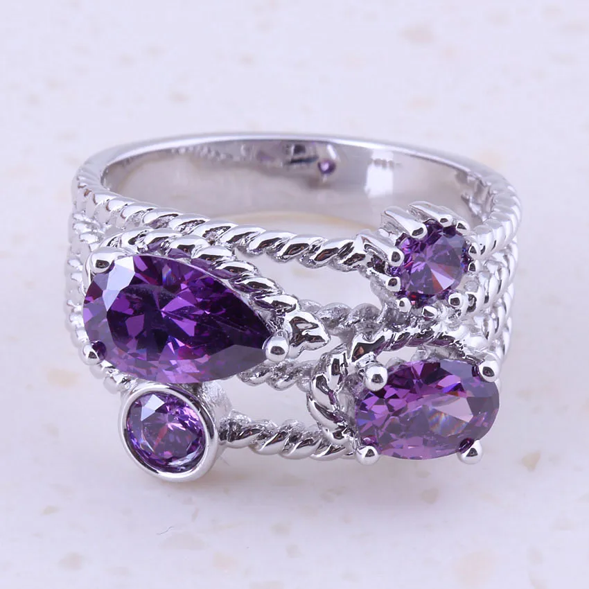 Stylish Purple Crystal Silver Color Rings For Women Party Wedding Cheap Trend Fashion Jewelry