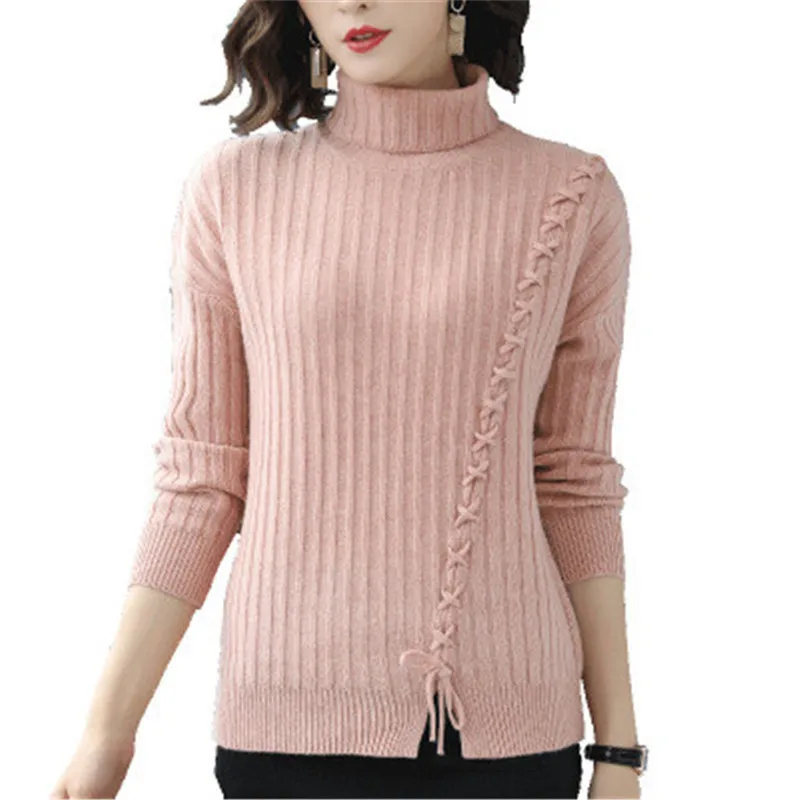 pure wool turtleneck knit women fashion cross lace up pullover sweater solid color S-M retail wholesale | Женская одежда