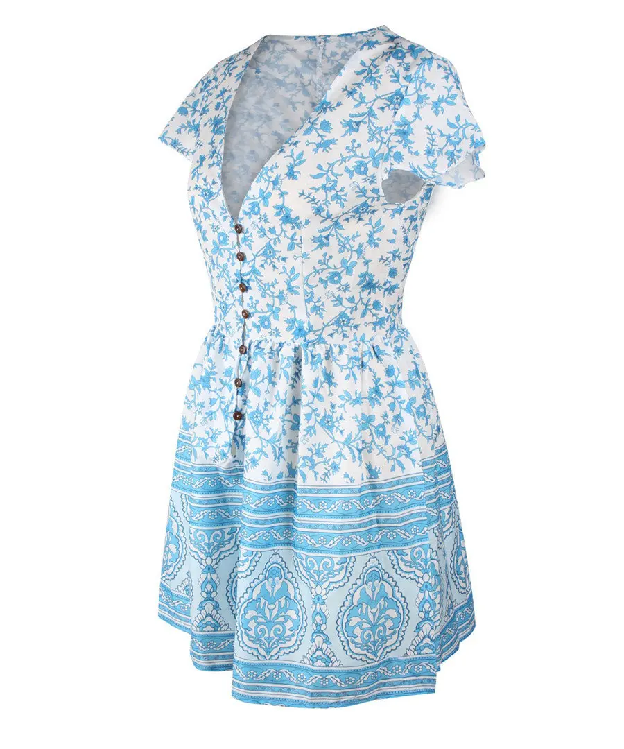 Gladiolus Fashion Summer Women Dress Short Sleeve Button Deep V Neck Sexy Floral Print Mini Boho Dress 2019 Ladies Beach Dresses (40)