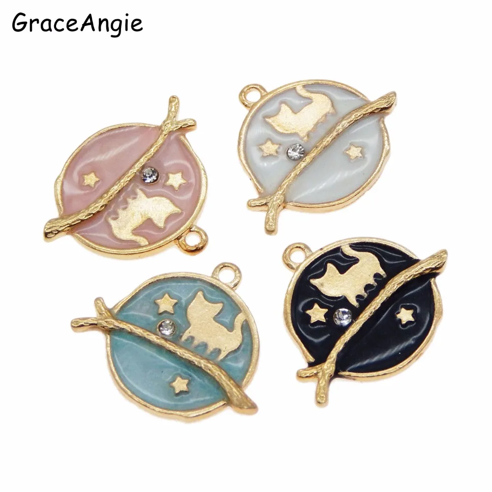 

4pcs Enamel Cat On Plant Star Charms Crystal Round Pendant Accessories Handmade Crafts Chokers Oil Drop Earrings Statemaent New