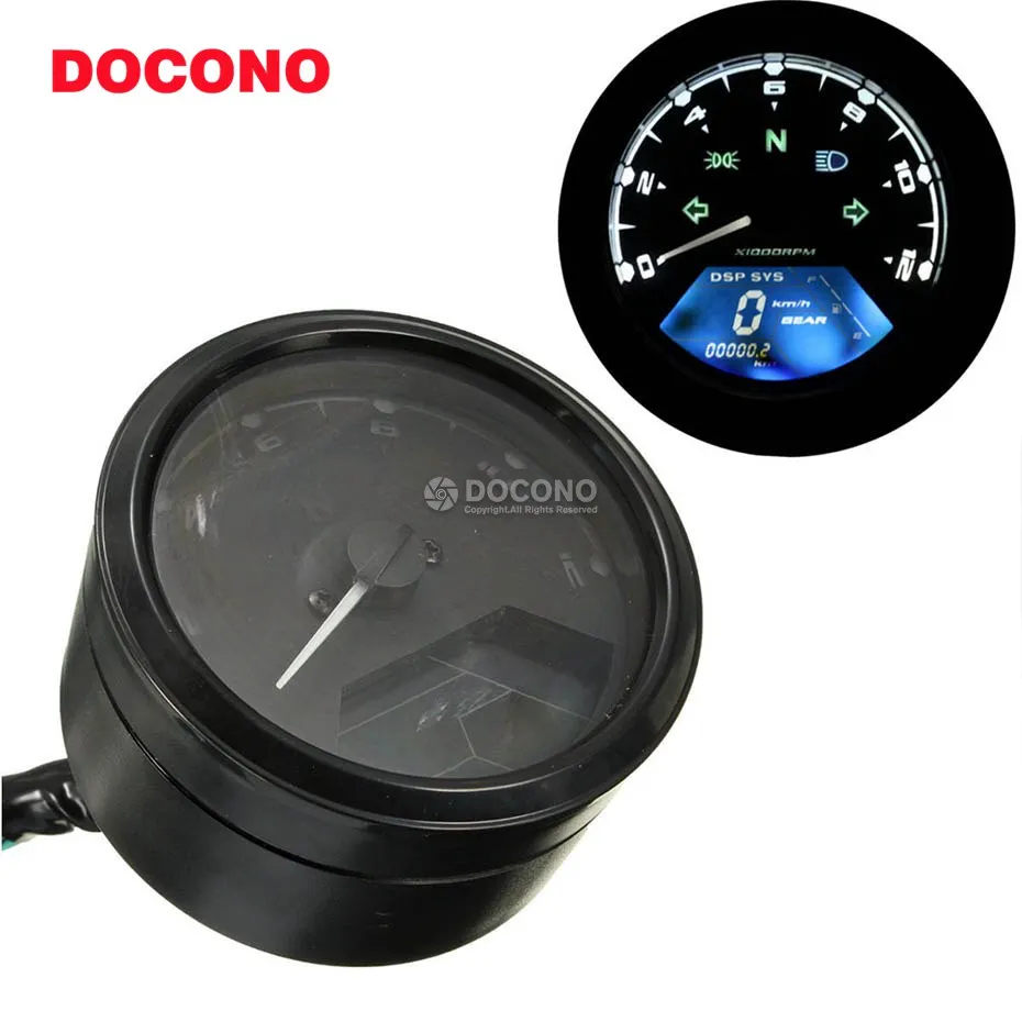 

DOCONO 12V LED Odometer Motorcycle Speedometer Backlight Night Tachometer Gauge Panel Motorcycle Digital Odometer 12000RPM