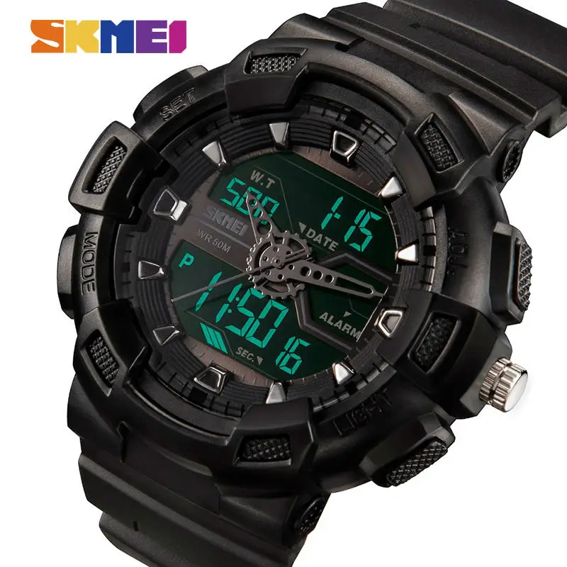 SKMEI Men Dual Display Watches Outdoor Quartz Sports Wristwatches Fashion Casual Multifunction 50M Waterproof Watch Boy