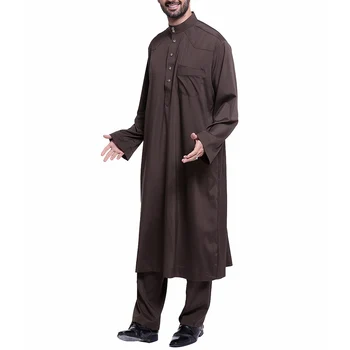 

Men Solid Color Long Sleeves Thobe Arab Muslim Wear with Pants FDC99