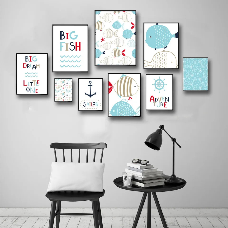 

Nordic Cartoon Fish Anchor Wall Art Canvas Painting Wall Pictures For Children's Living Room Home Decor Posters Prints No Frame