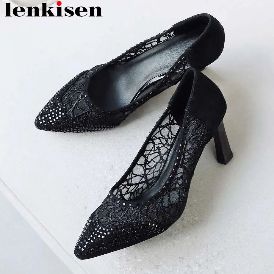 

Lenkisen office lady genuine leather mesh mature woman dress pumps high heels sexy girls crystals decoration daily shoes L02