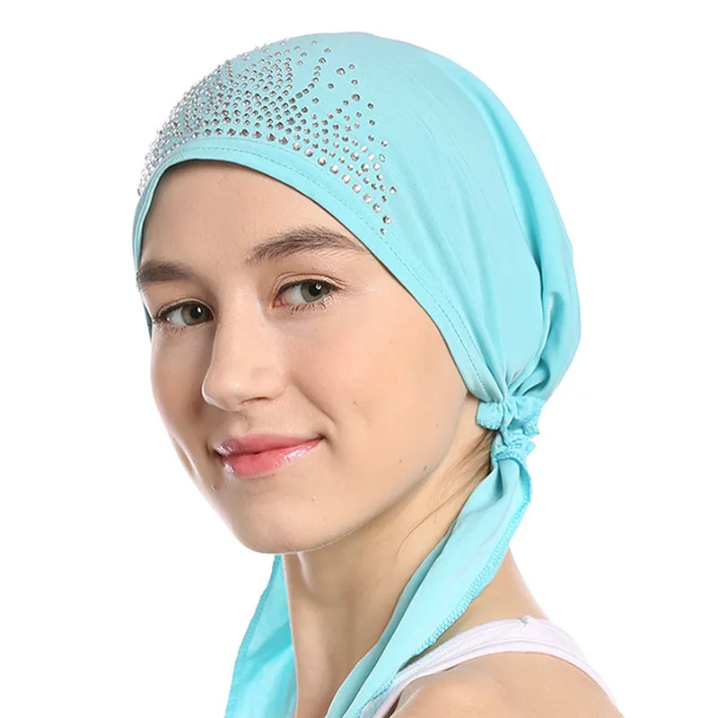 Fashion Women Headscarf Hat Thin Summer Muslim Inner Caps Solid Diamond Turban Bonnet Hijab India Head Wrap Hats For Ladies - Цвет: 8