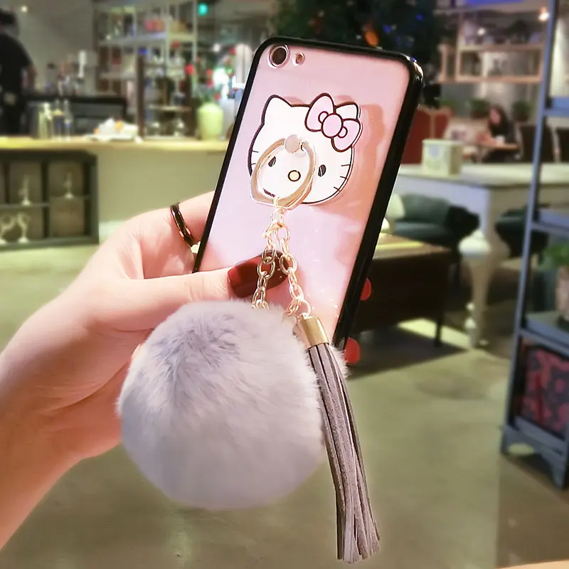 

For iPhone 6 6S 7 Plus X Girls fashion cute cat finger ring holder mobile Phone case Ful ball tassel pompom soft back cover