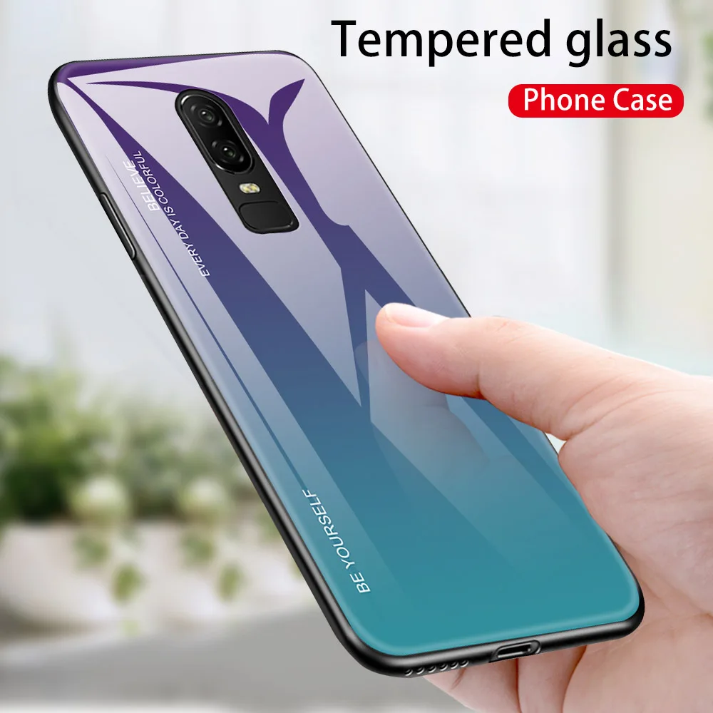 

Proelio Gradient Color Tempered Glass Phone Case Cover Shell For Oneplus 6 6T 7 Pro Soft TPU Silicone Edge Protection Glossy