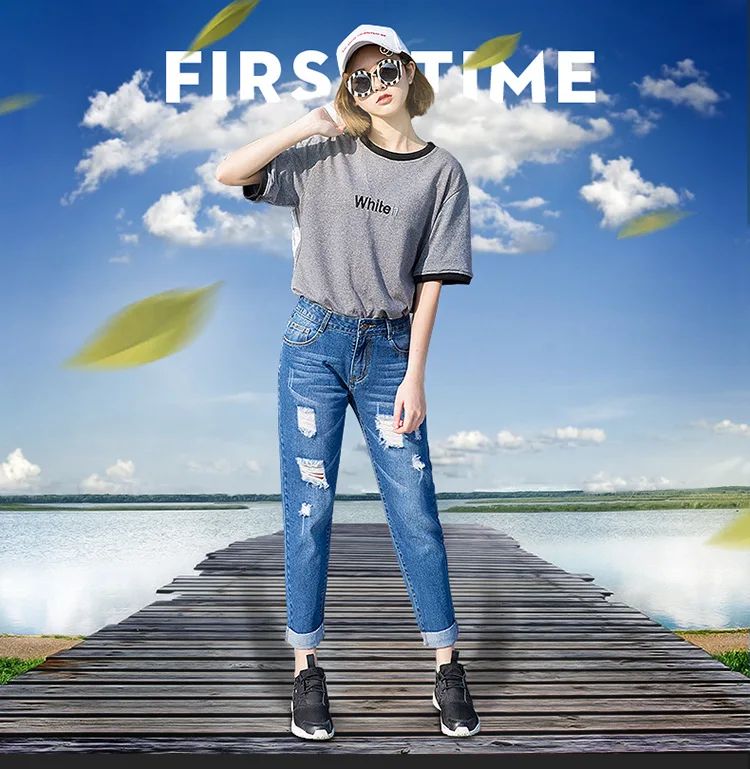 2018 Spring Summer Hole Ripped Jeans Women Blue High Waist