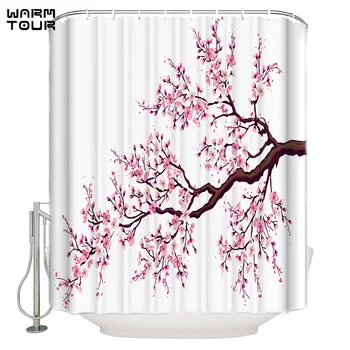 

WARMTOUR Shower Curtain Pink Cherry Blossoms Flower Waterproof Shower Curtain Bathroom Decor