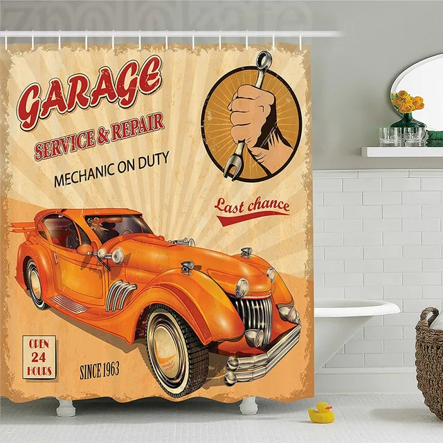 1960s Decor Shower Curtain Set Vintage Garage Advertising Artsy Worn 1960s Decor Shower Curtain Set Vintage Garage Advertising Artsy Worn Print With Some Engine And Mechanical Symbols Bathroom Acc