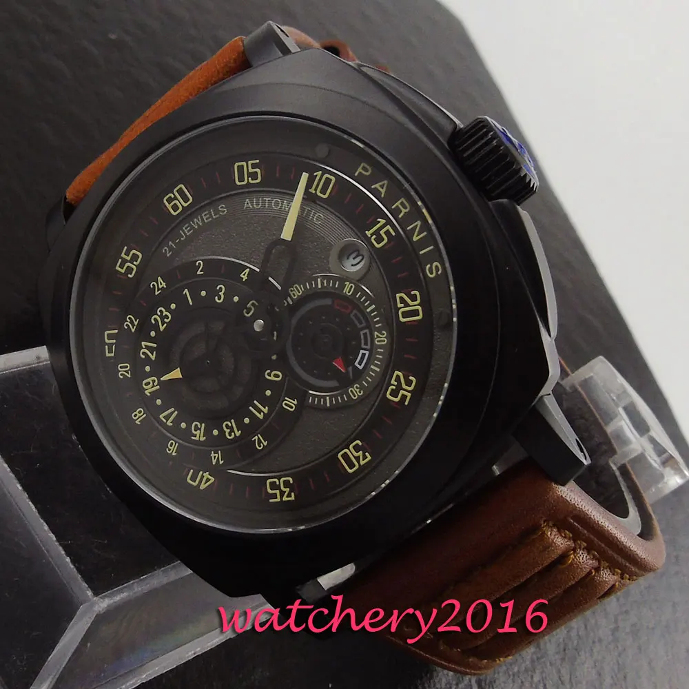

Luxury 44mm Parnis black dial PVD case sapphire glass miyota automatic movement Men's Watch