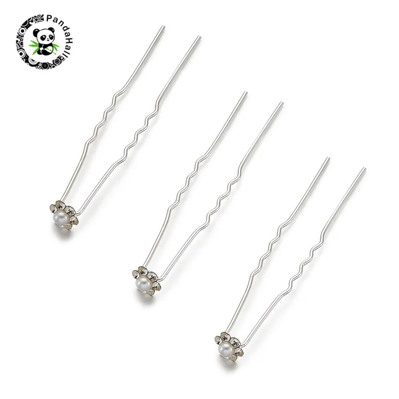 

pandahall 50 pcs Alloy Rhinestone Flower Hair Forks Acrylic Pearl and Iron Pin for Wedding Bridal Jewelry Accessories White 66mm