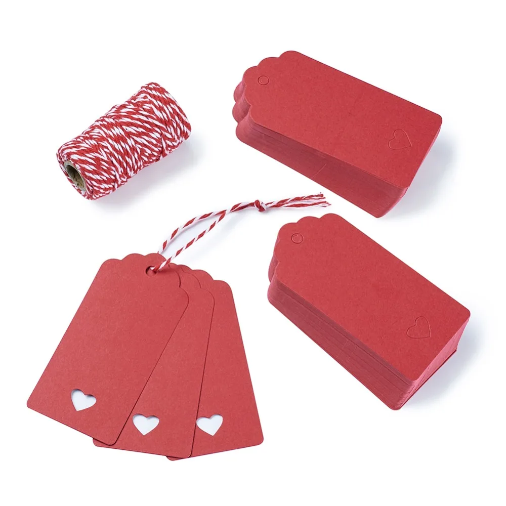 Ювелирные изделия Дисплей бумажные ценники для ювелирных изделий, с Конопляный шнур, прямоугольник с сердцем, красный тег 95x45 мм, 100