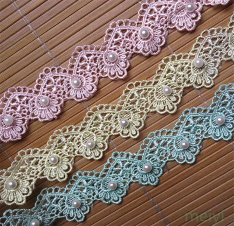 

1yd Hot Soluble Polyester Pearl Flower Embroidered Fabric Lace Trim Ribbon Handmade DIY Sewing Craft For Costume Hat Decoration