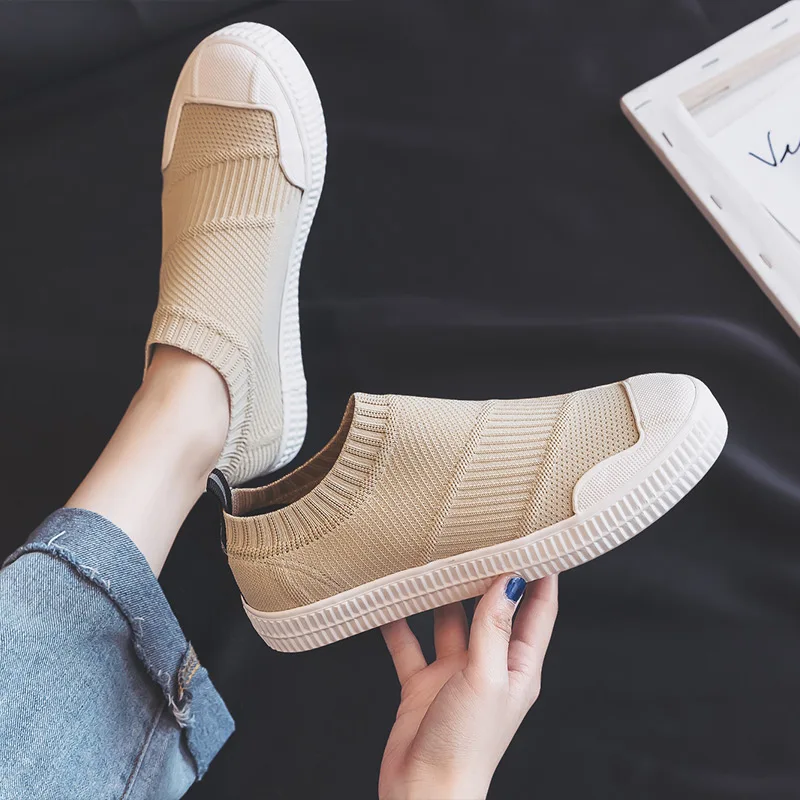 

Women Sock Shoes Light Weight Casual Sneakers Slip on Low Top Leisure Shoes Solid Color Summer Breathable Shoe Khaki Gray Shoe