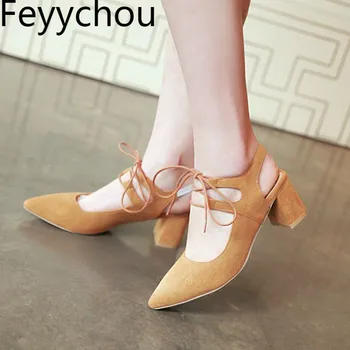 

Women Pumps Beach Shoes Med Heel Flock Pointed Toe Cross-tied 2018 Summer New Sweet Fashion Casual Wedding Gray Beige Yellow