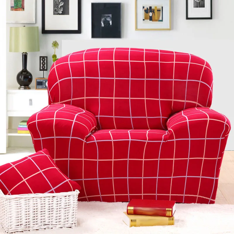 Red Grey Plaid Printed Sofa Cover Big Elastic Sofa Slipcover Single/Two