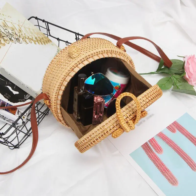 Женская соломенная сумка для хранения, летняя бамбуковая сумка, сумка-тоут на плечо, многоцелевой органайзер для косметики