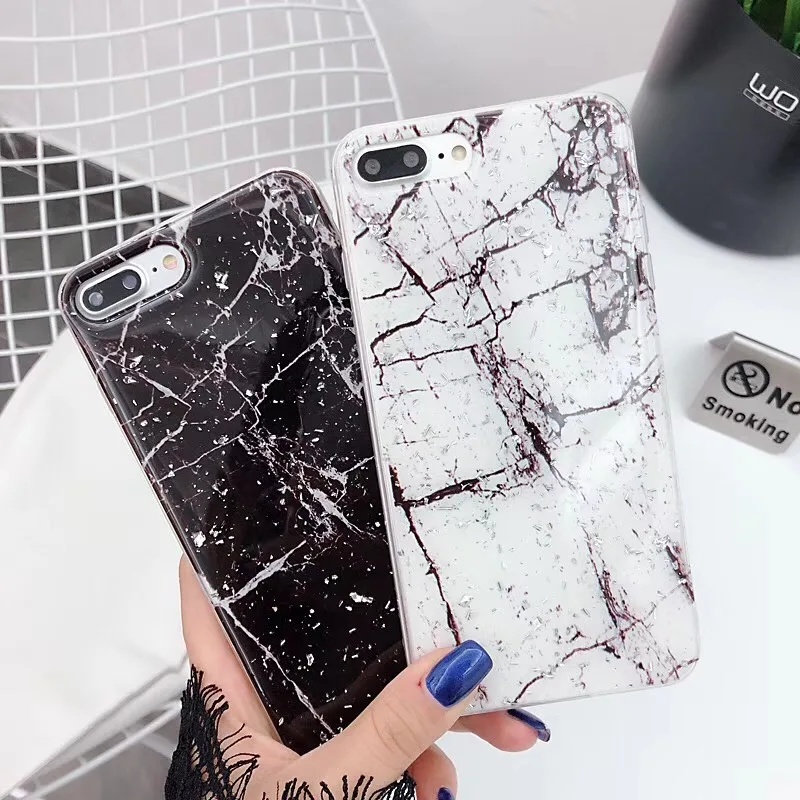 White Black Marble Paint Pattern Back Cover TPU Bling Glitter Shell Shining Pink Soft Couple Cute Phone Case for iPhone6 7 7S 8 X plus