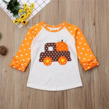 

Autumn Long Sleeve Dot Round Neck Cute Cotton Girl Pumpkin Halloween Toddler Baby Kids Girls T-shirt