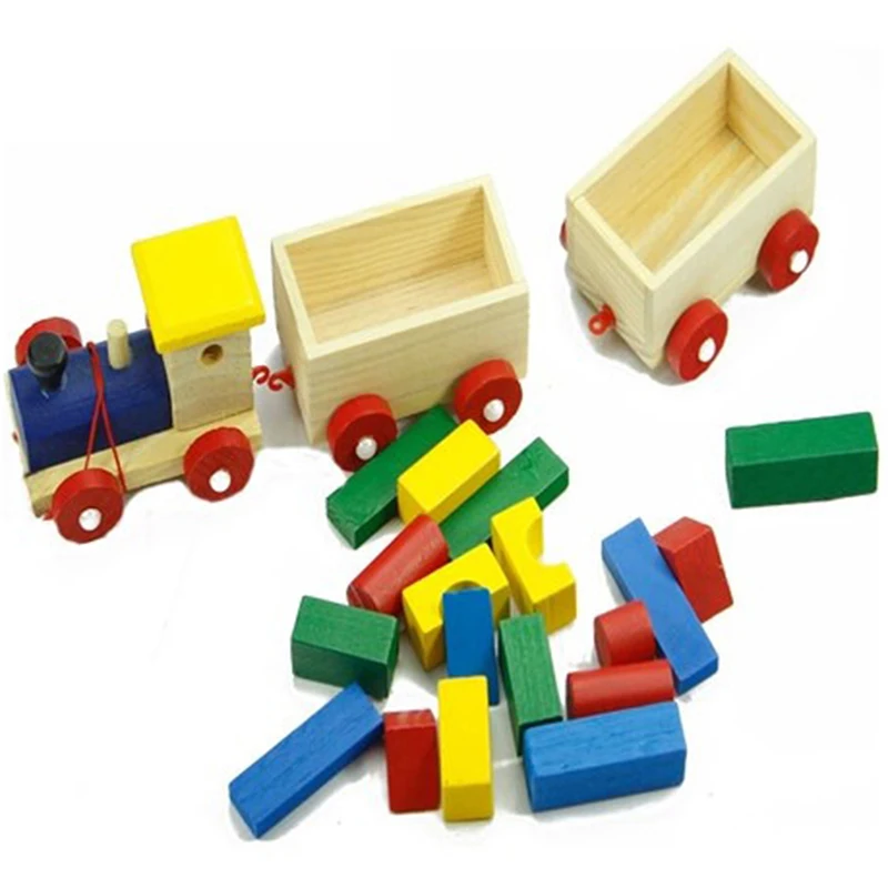 Игрушки для раннего детства развивающие игрушки три блока строительные блоки маленький поезд волоча деревянные игрушки для детей Детский Рождественский подарок