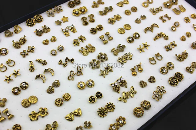 Whole Lot 100 Pairs Mixed Design Antique Gold Owl Flower Heart Whole Lot 100 Pairs Mixed Design Antique Gold Owl Flower Heart Crystal Stud