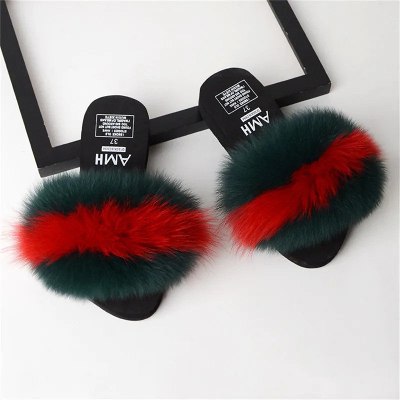 

Real Fox Hair Slippers Women Fur Home Fluffy Slippers Thick Soles Plush Furry Slides Summer Flats Sweet Ladies Shoes Sandals