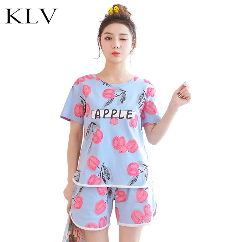 

Young Girl Summer Short Sleeves Pajamas Set Cute Cartoon Ice Cream Apple Print Candy Color Loose Sleepwear Women Home Loungewear