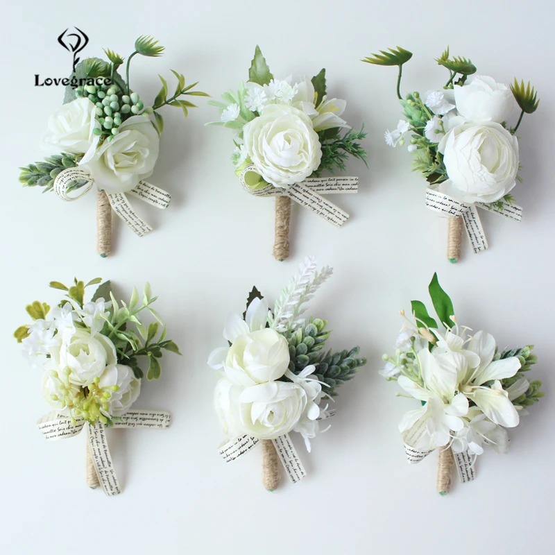 

Lovegrace Handmade Corsages White The Groom Men Boutonnieres Artificial Flower Silk Rose Wrist Bracelet Wedding Brooch Supplies